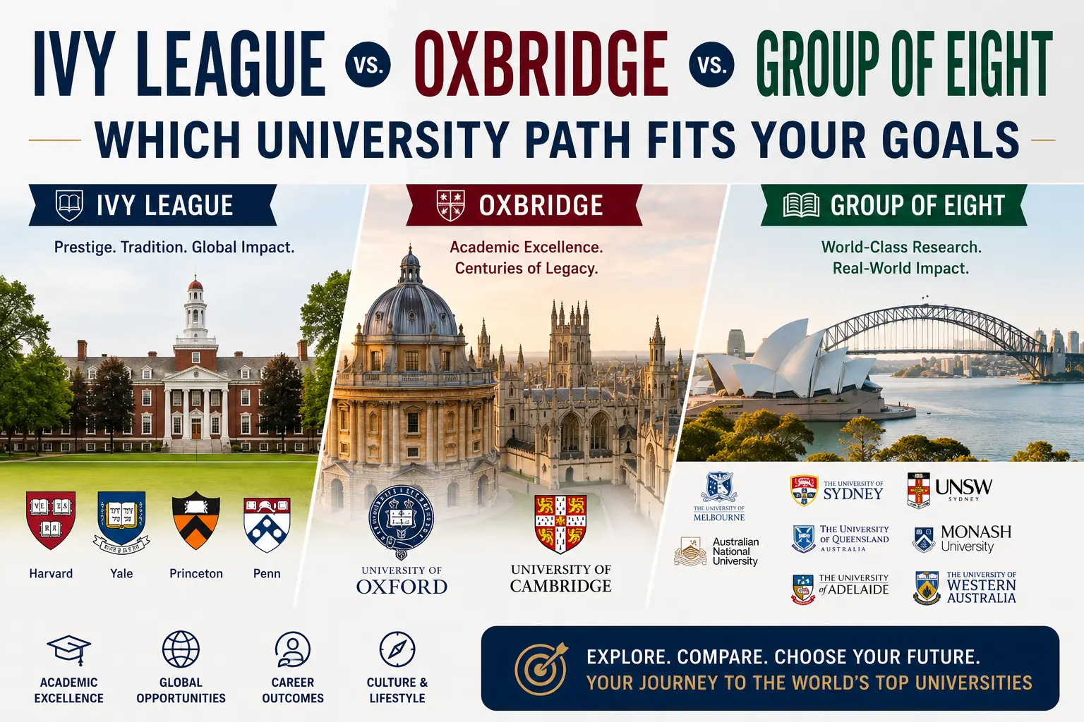 Ivy League vs. Oxbridge vs. Group of Eight: Which University Path Fits Your Goals